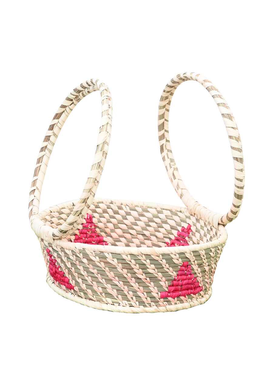 Sabai Grass Puja/Flower Basket Double Handle - Colour- White/Pink