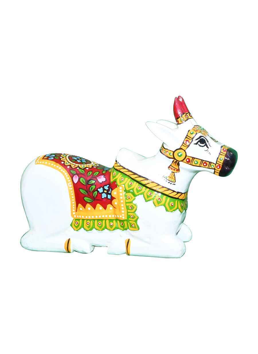 Rajasthani Wooden Hand Painted White Nandi Table Top - 8 Inch