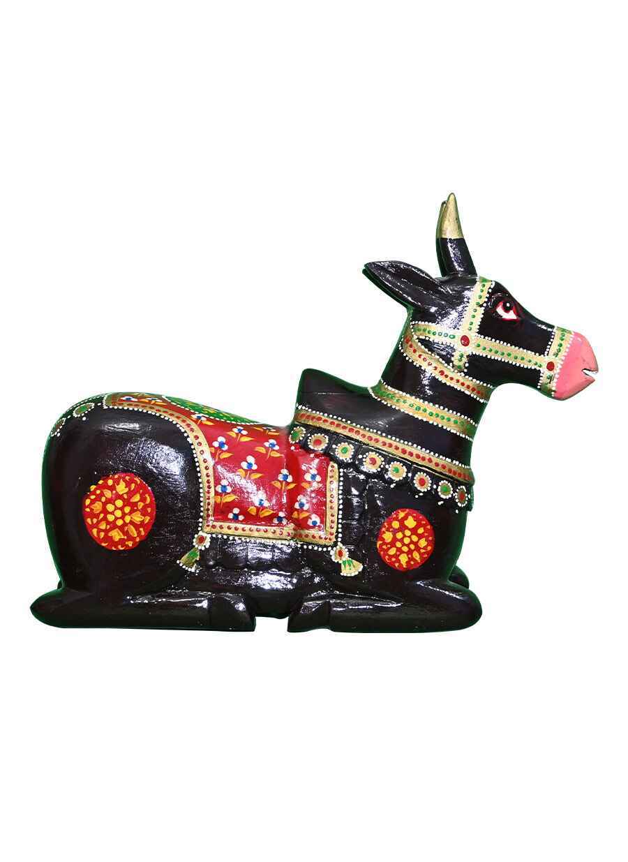Rajasthani Wooden Hand Painted Black Nandi Table Top - 12 Inch