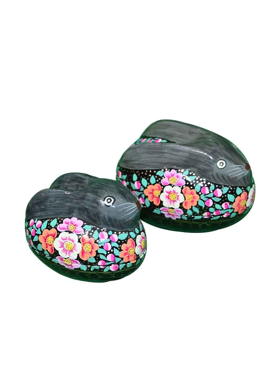 Jammu Kashmir Papier Mache Rabit Utility Box - 3 & 4 Inch, Set of-2