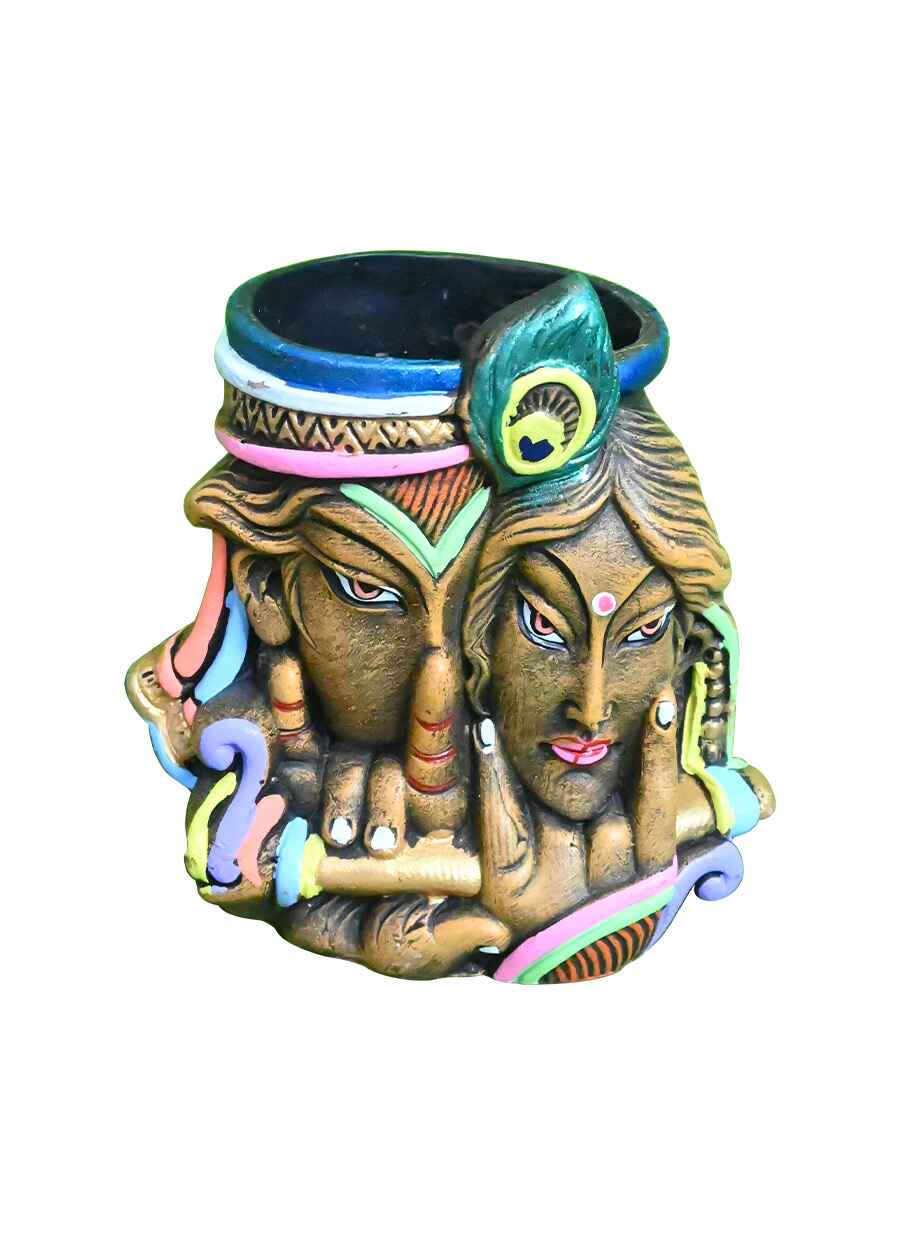 Terracotta Radha Krishna Face Pen Stand - 1