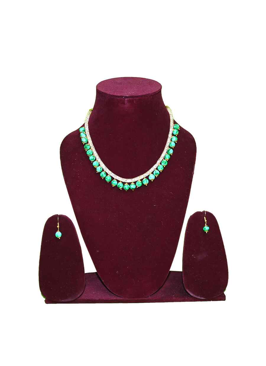 Beaded Single line short Necklace with Earring - 12