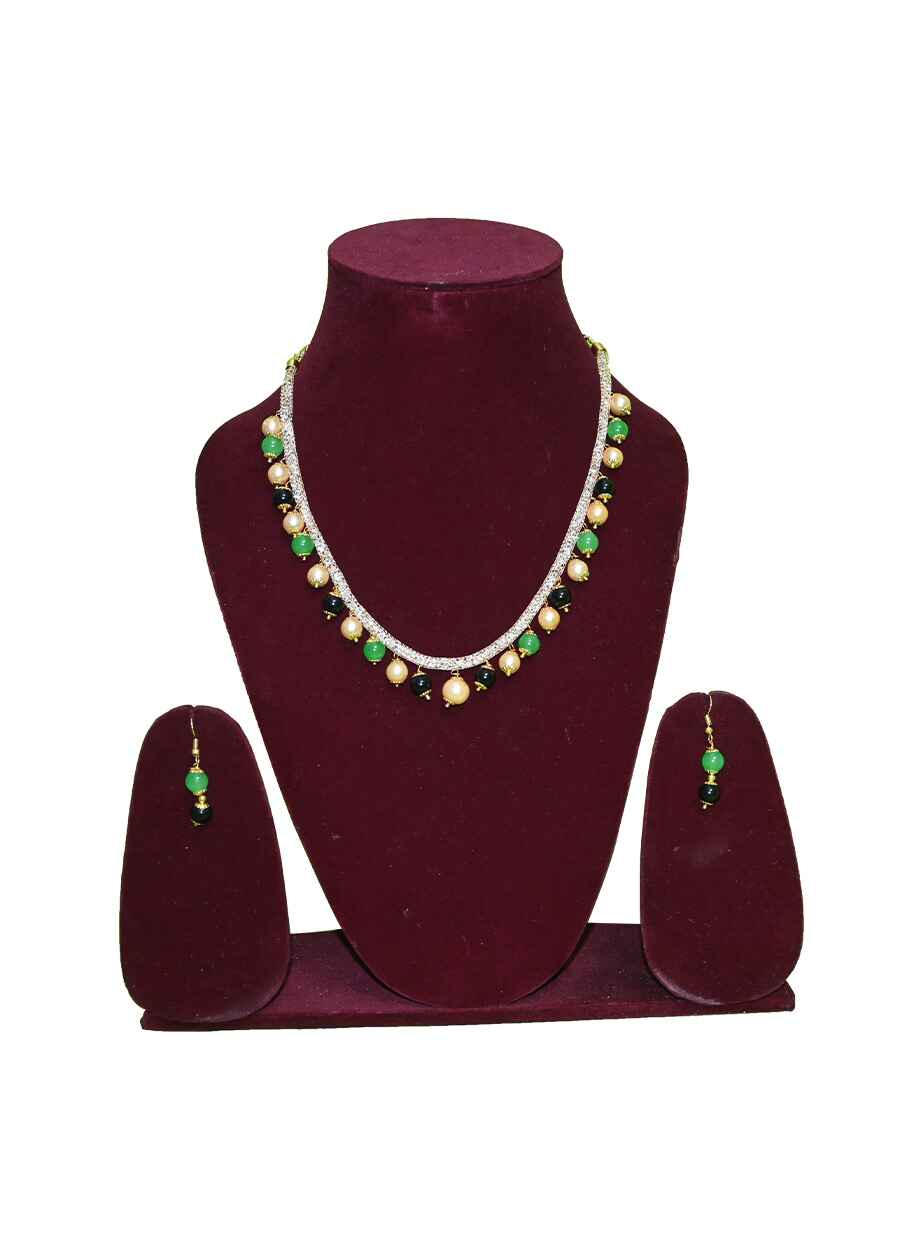 Beaded Single line short Necklace with Earring - 9