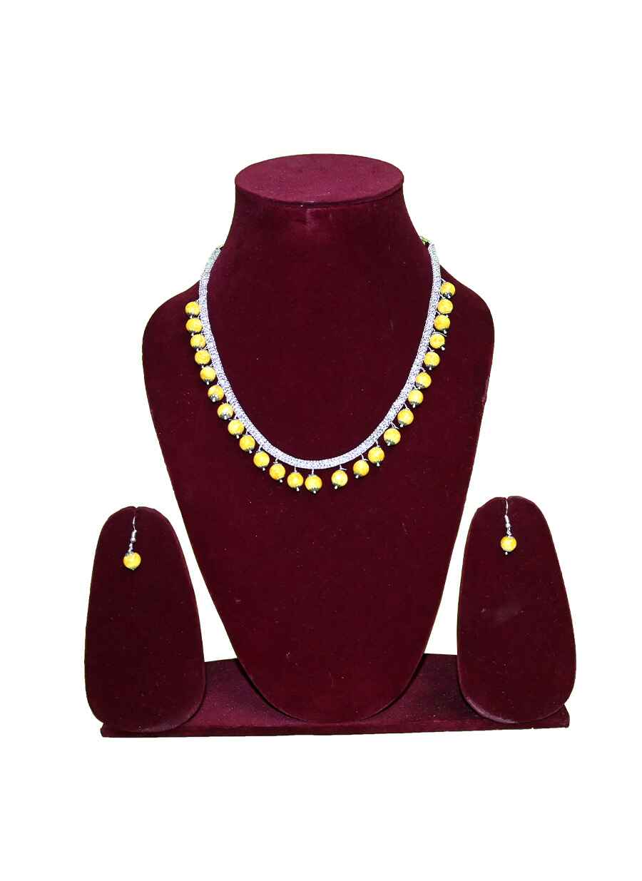 Beaded Single line short Necklace with Earring - 7