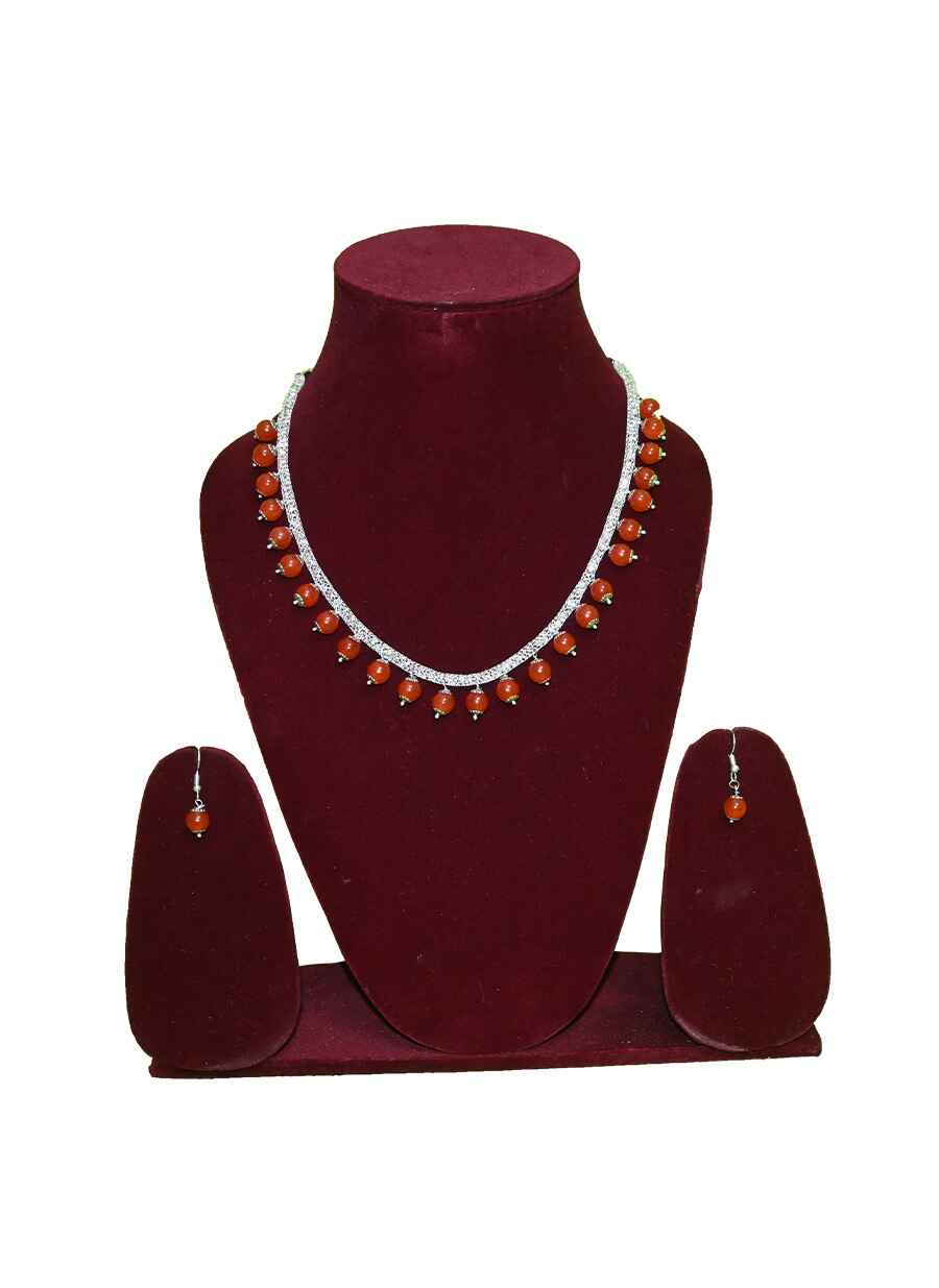 Beaded Single line short Necklace with Earring - 6