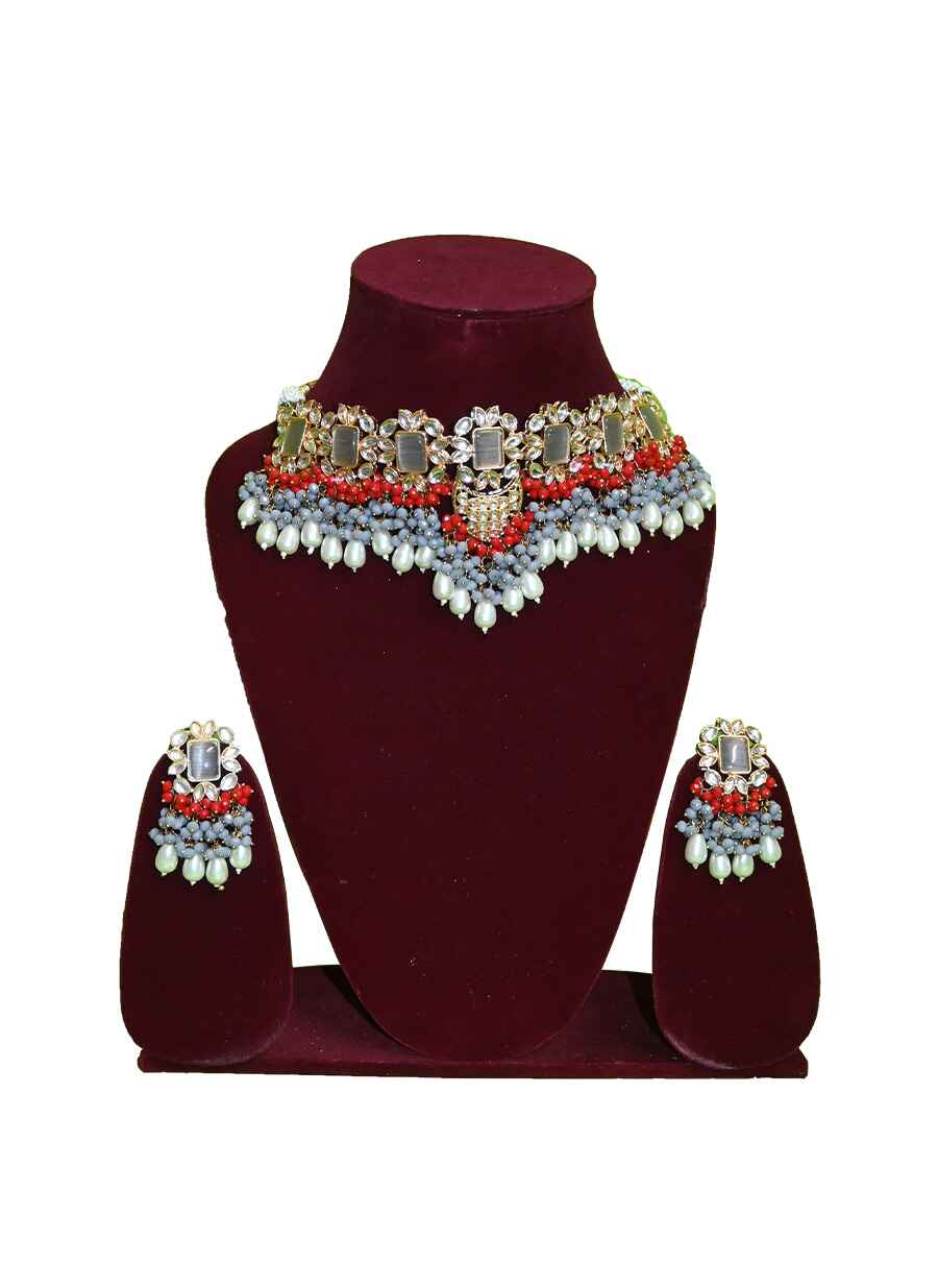 Beaded Choker Necklace With Earring and Matha Pati - 7
