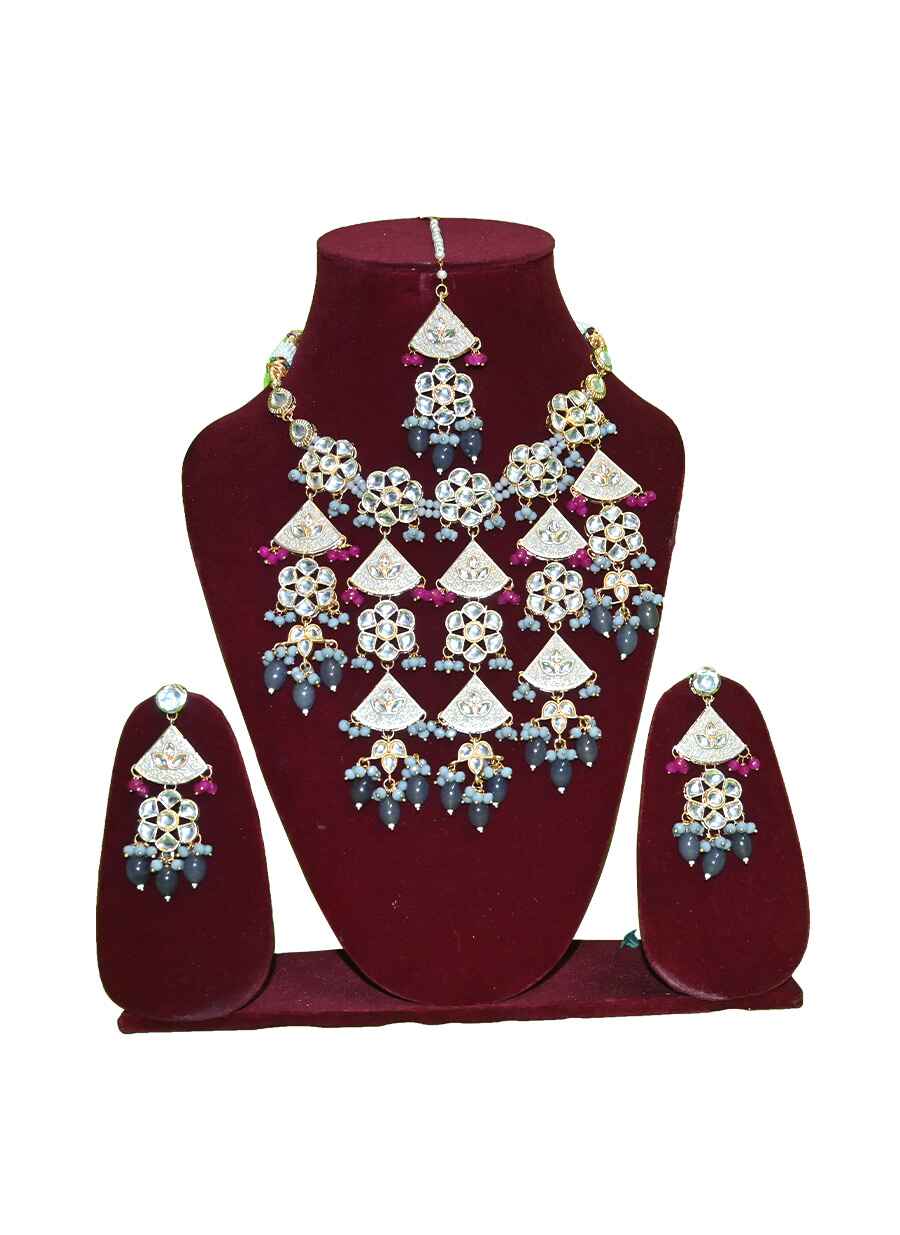 Kundan and Beaded Long Choker Necklace with Earring and Matha Pati - 1