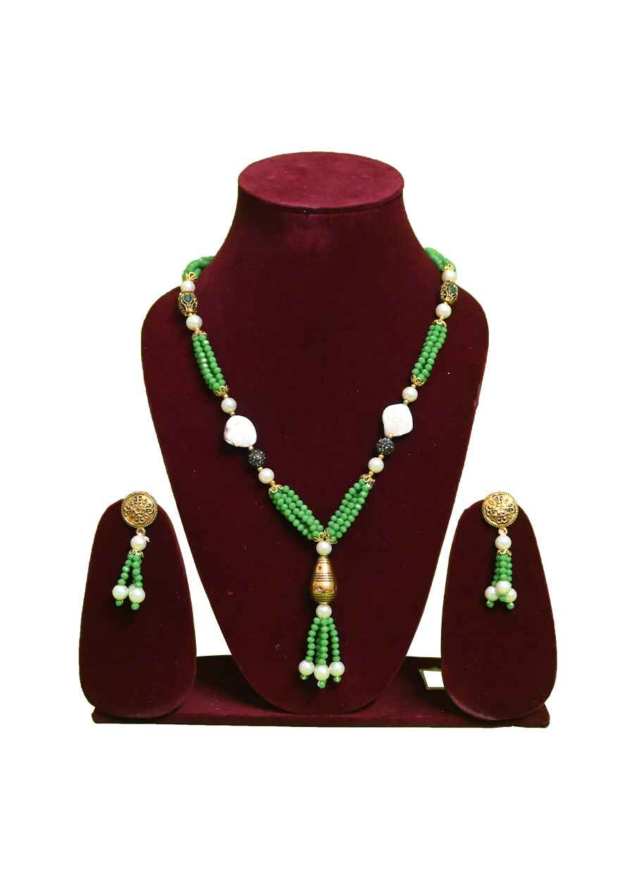 Crystal Beaded Long NeckLace with Earring - 1