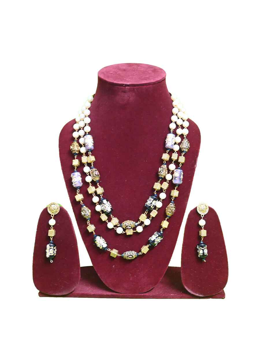 Glass Beaded Three layered Necklace with Earring - 1