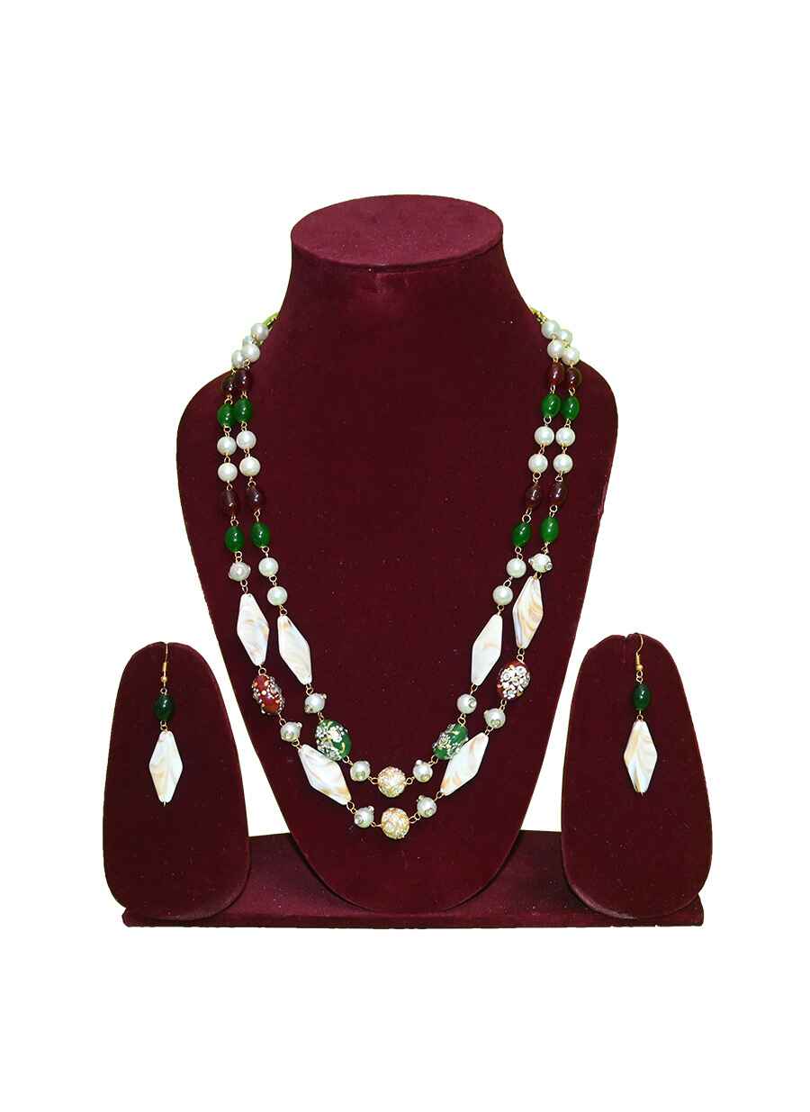 Double Layer Glass Beaded Necklace With Earring - 13