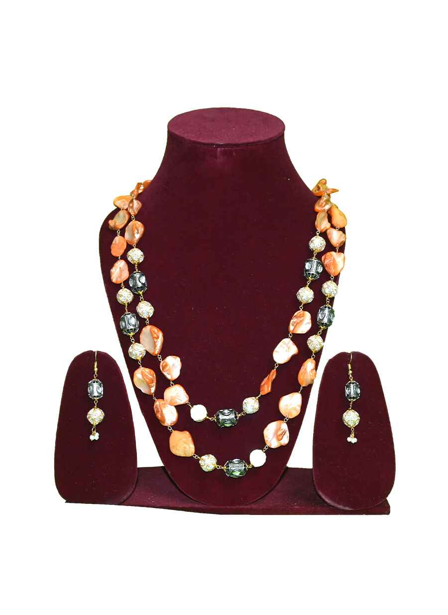 Double Layer Glass Beaded Necklace With Earring - 12