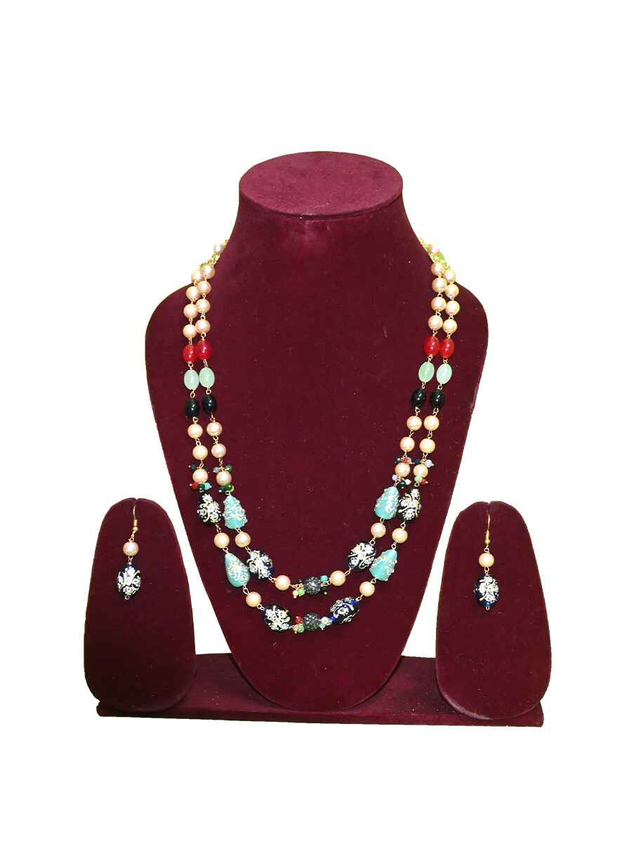 Double Layer Glass Beaded Necklace With Earring - 9