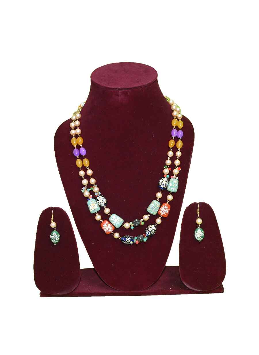 Double Layer Glass Beaded Necklace With Earring - 7