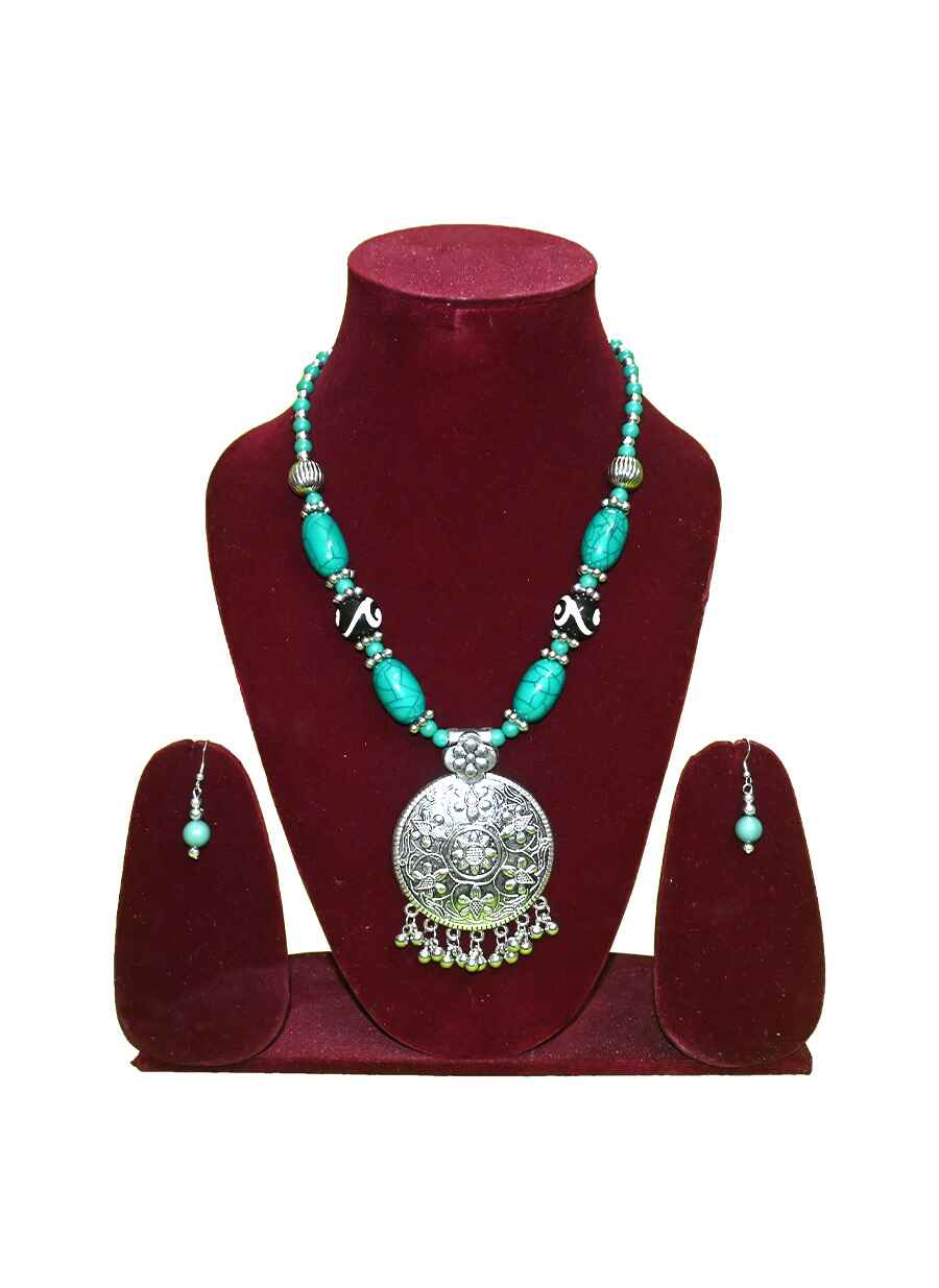 Tribal Beaded With Metal Pendent Long Necklace - 8