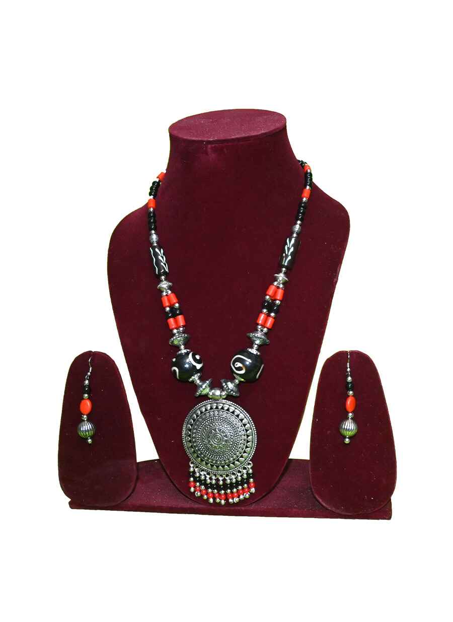 Tribal Beaded With Metal Pendent Long Necklace - 7