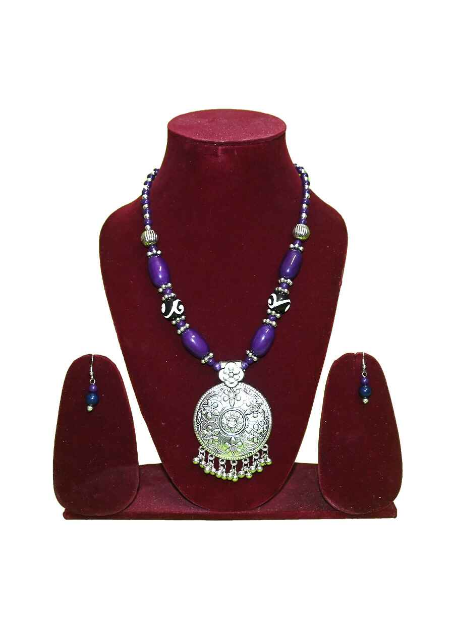 Tribal Beaded With Metal Pendent Long Necklace - 1