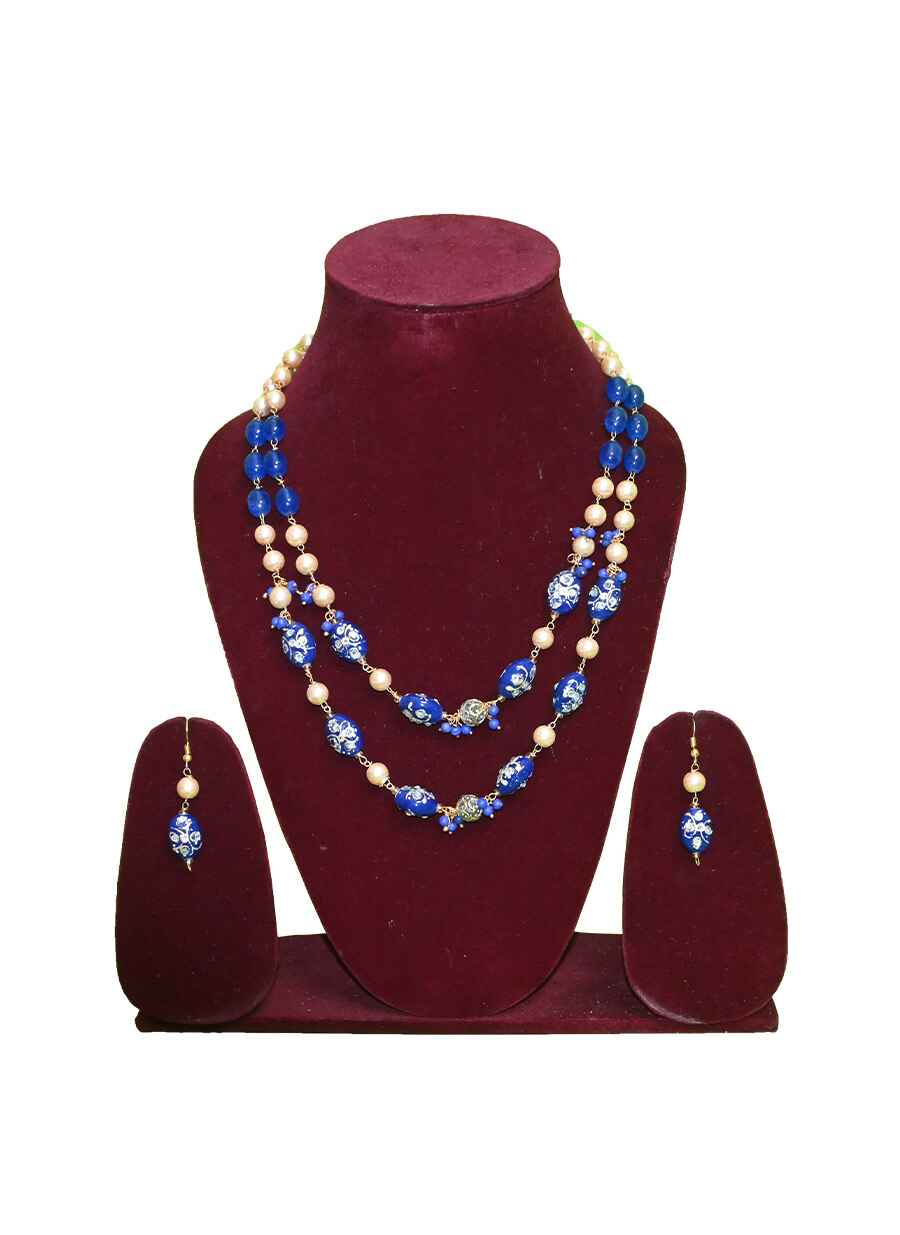 Double Layer Glass Beaded Necklace With Earring - 5
