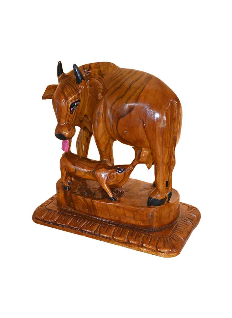 Wooden Cow with Calf - Kamdhenu (7 Inch)