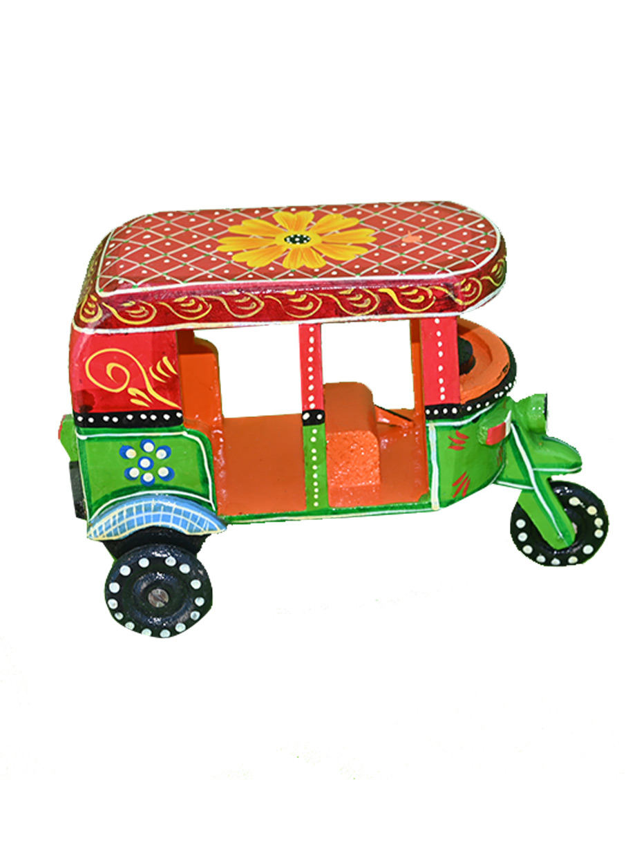 Wooden Miniature of Rajasthani Auto Rickshaw - Orange and Green Color (7.5 x 5 x 4 Inch)