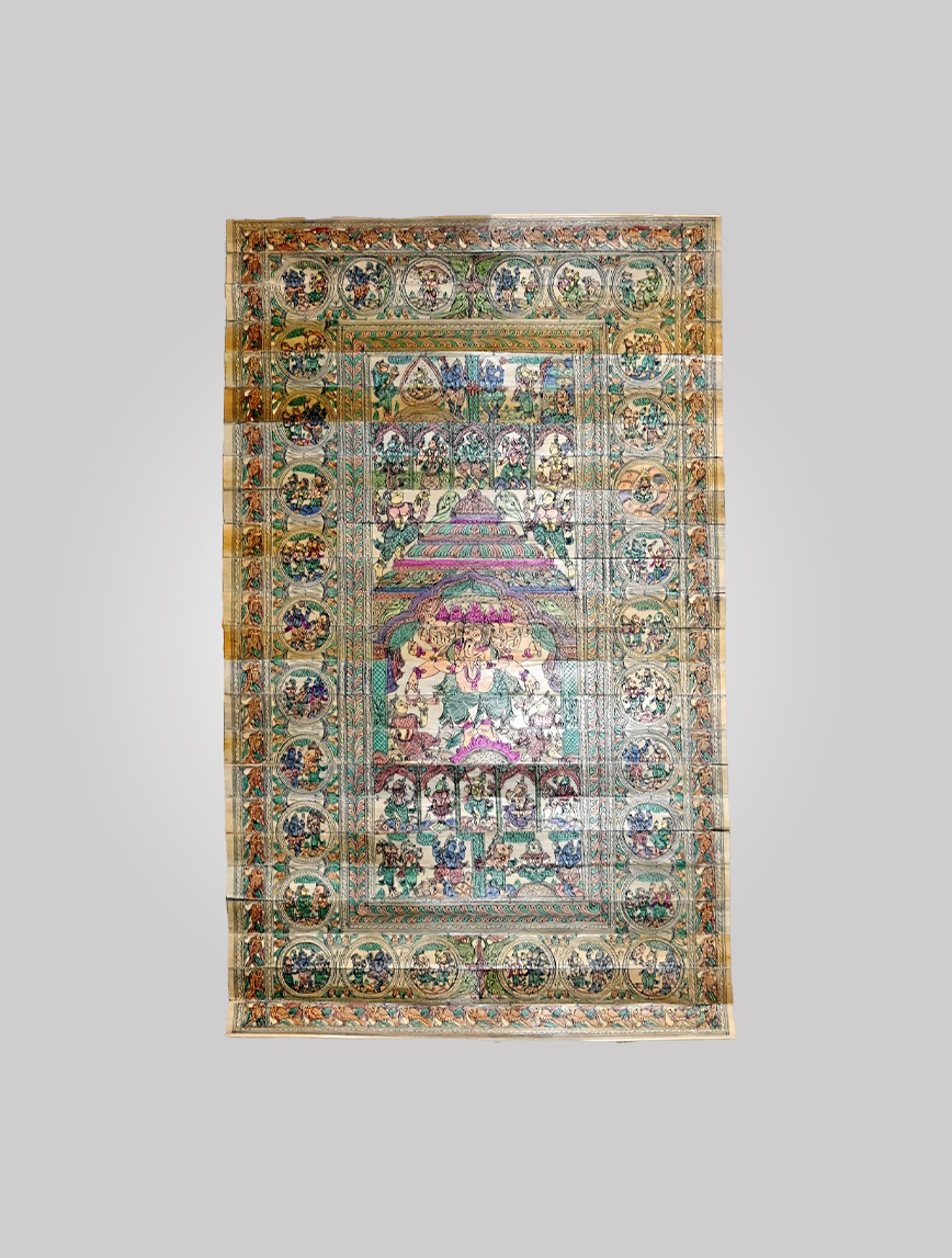 Pancha Mukhi Ganesh in a temple with side deities on Palm leaf - 1