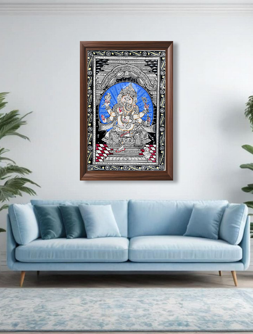 Lord Ganesh inside Temple-Divine Patachitra Wall Décor. WITHOUT FRAME ( 12 x 18 Inch) Type-1-2