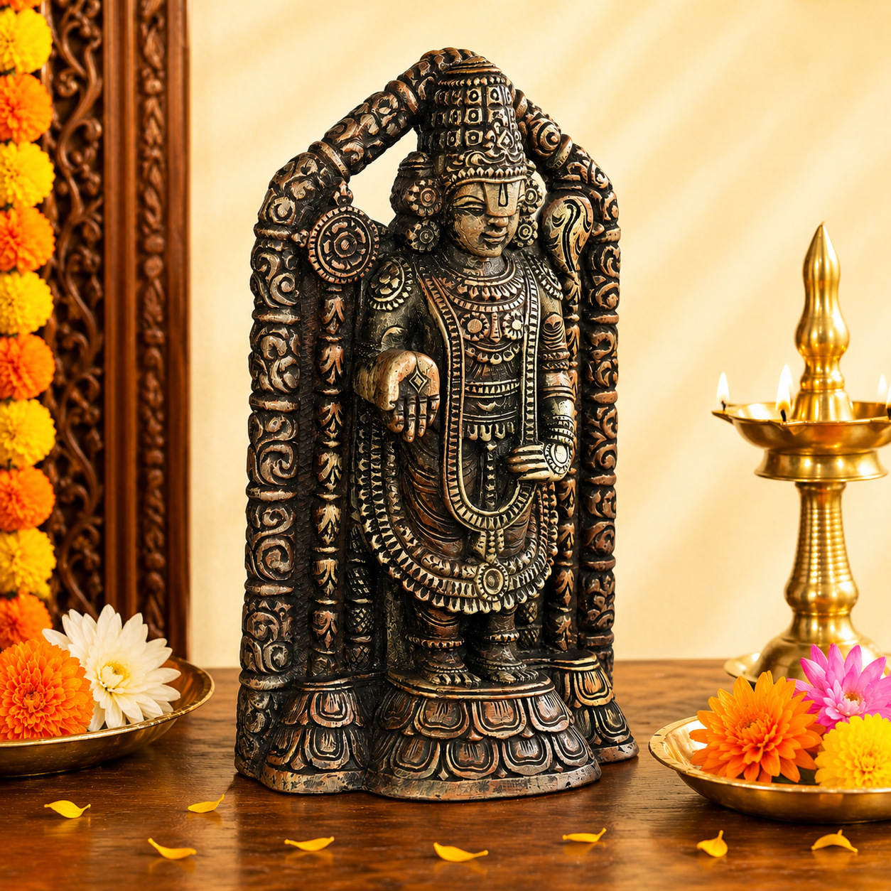 Lord Balaji- Pink stone Copper finish hand crafted Lord Balaji. Perfect for home décor and worship ( 8 Inch )- 2