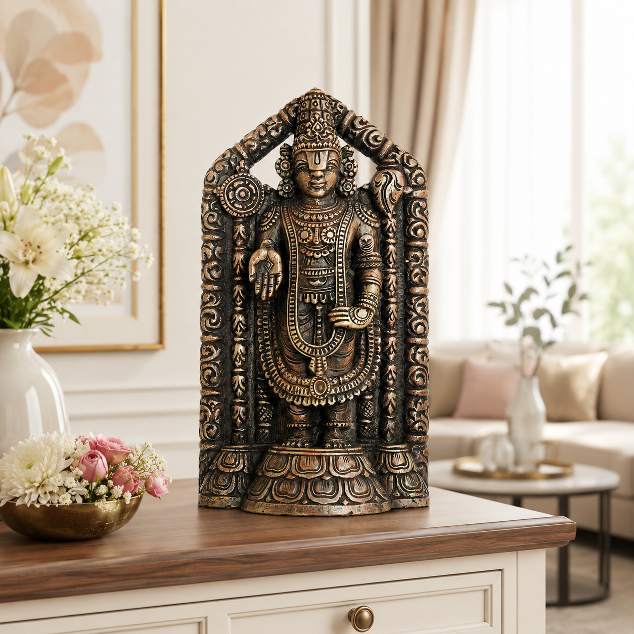 Lord Balaji- Pink stone Copper finish hand crafted Lord Balaji. Perfect for home décor and worship ( 8 Inch )- 3