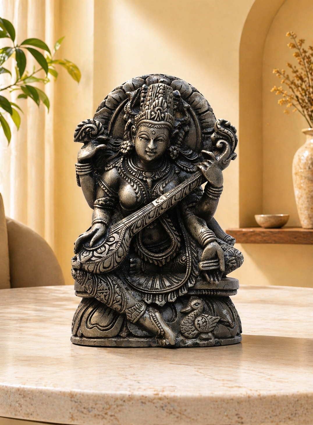 Pink Stone Goddess Saraswati Murti – Home and Temple - 2